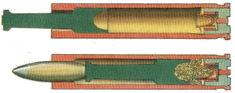 Патрон специальный  СП-2 в разрезе. Вверху - состояние после выстрела.